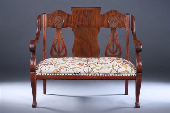 Appraisal: ART NOUVEAU MAHOGANY SETTEE early th century Nailed crewel-work upholstered