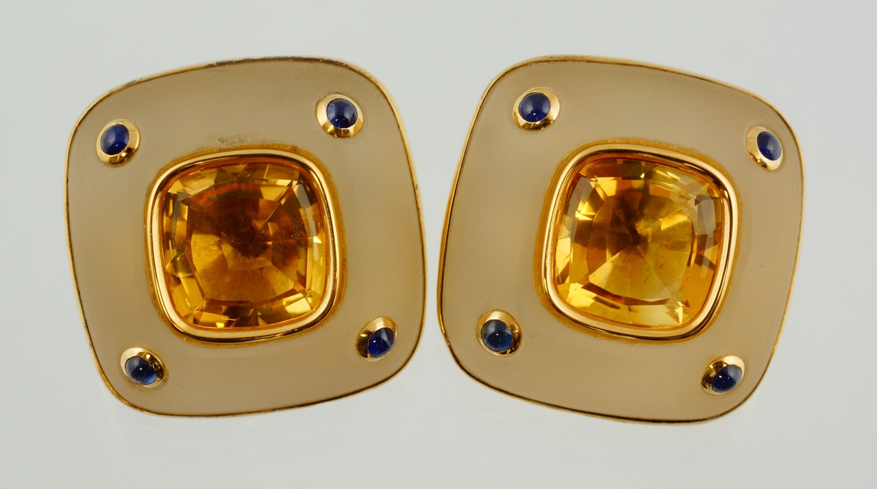 Appraisal: Pr K YG citrine and sapphire earrings Omega backs each