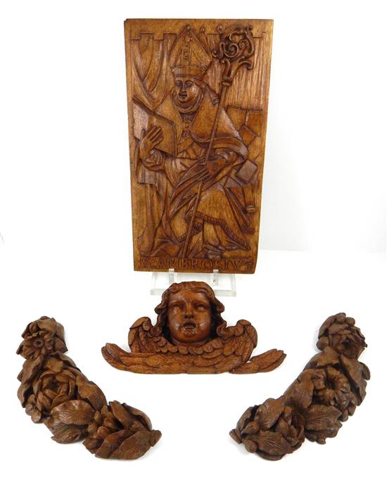 Appraisal: Four bas and high relief wooden carvings oak wall plaque