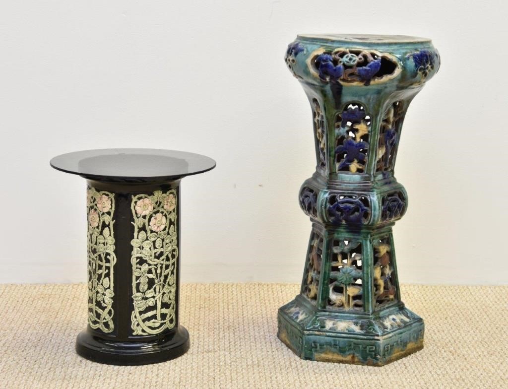 Appraisal: Glazed pottery pedestal together with a small ceramic example with