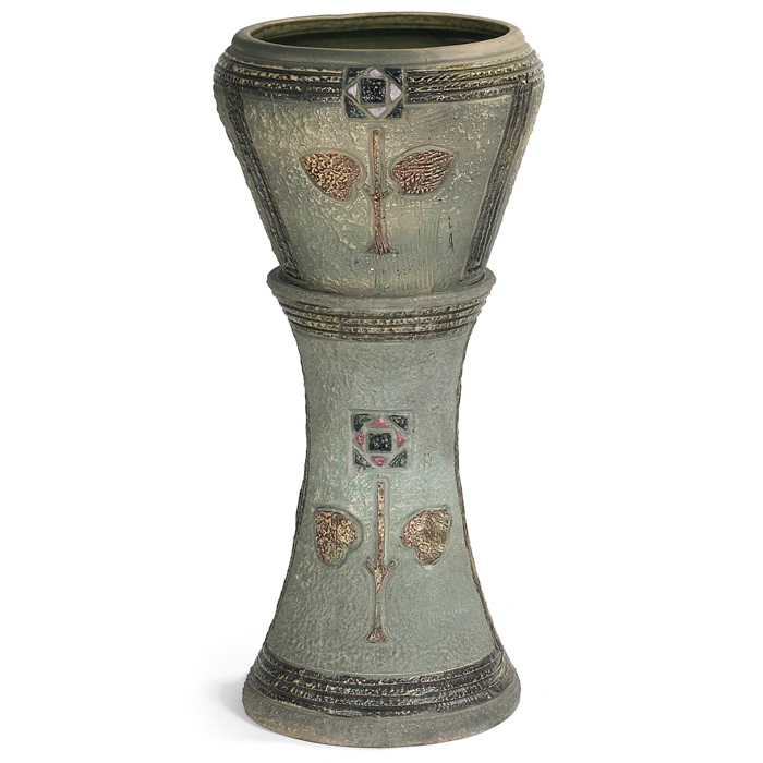 Appraisal: Roseville Mostique jardiniere and pedestal stylized floral design ''dia x