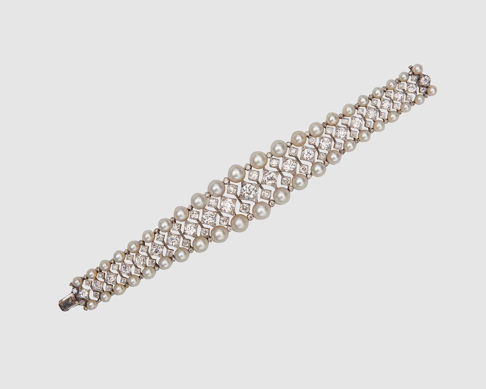 Appraisal: Gold Silver Diamond and Natural Pearl Bracelet Gold Silver Diamond