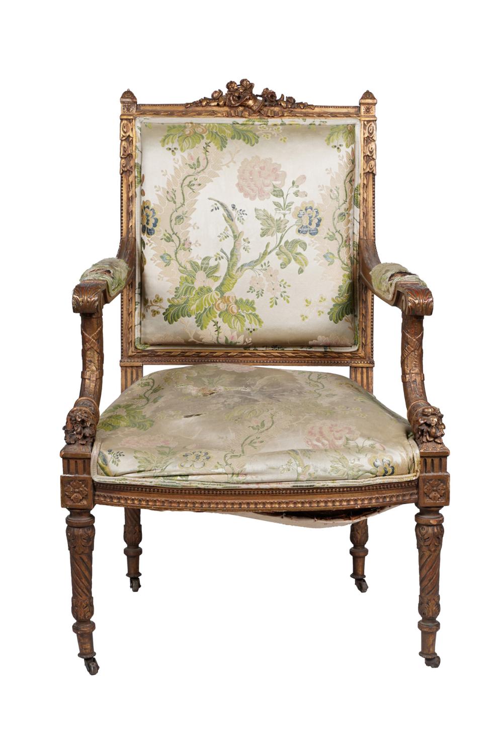 Appraisal: FRENCH GILTWOOD FAUTEUIL FRAMEin the Louis XVI style Condition with