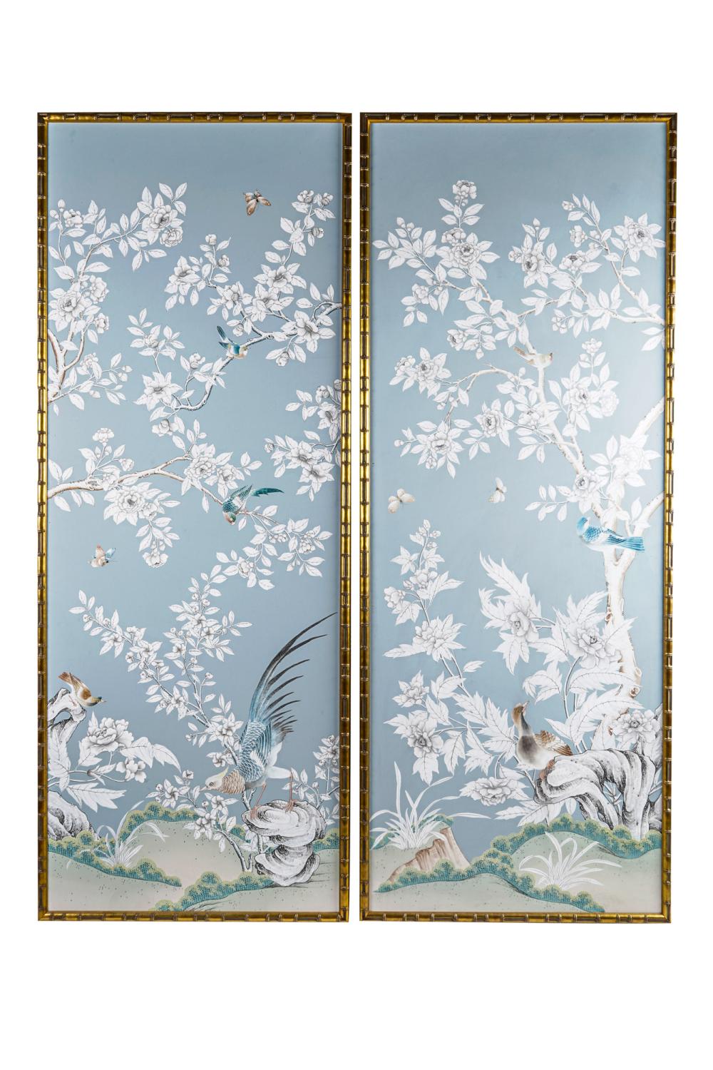 Appraisal: PAIR OF FRAMED CHINOISERIE PANELSon a pale blue ground each