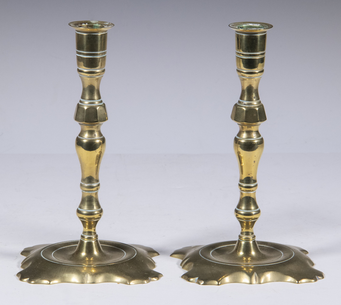 Appraisal: PAIR OF REPRO QUEEN ANNE BRASS CANDLESTICKS Early th c