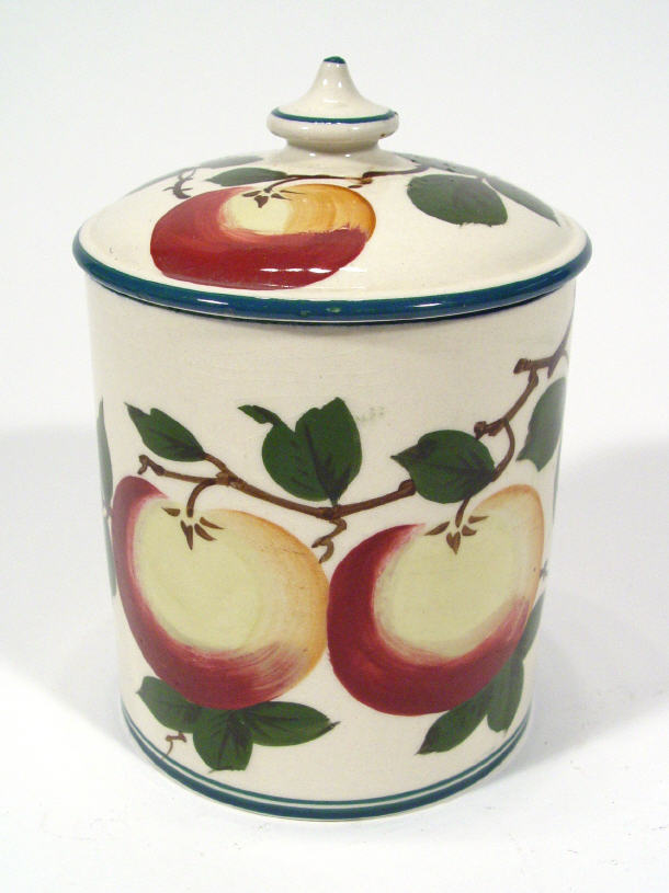 Appraisal: Cylindrical Wymess style pottery preserve pot and cover hand painted