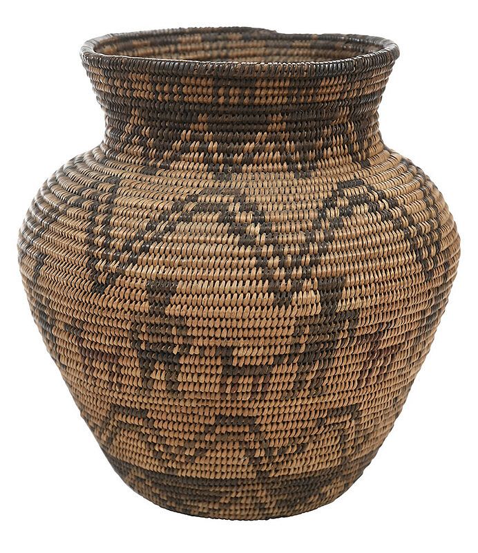 Appraisal: Apache Coiled Olla Basket with Figural Designs American Southwest early