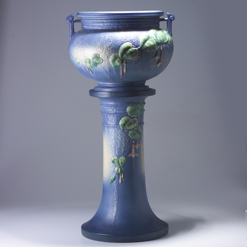 Appraisal: ROSEVILLE Blue Fuchsia jardiniere and pedestal set - Very tight