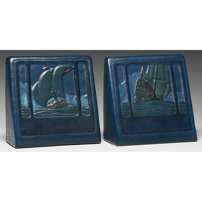 Appraisal: Marblehead bookends two colorful ship designs one with impressed mark