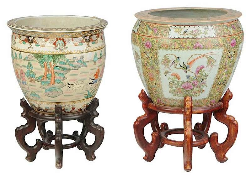 Appraisal: Two Large Chinese Enamel Decorated Fish Bowls th century fine