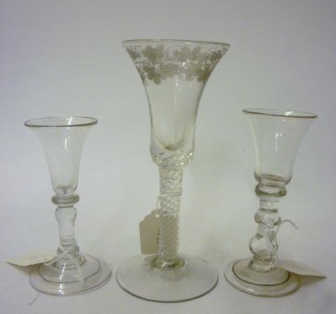 Appraisal: THREE TH CENTURY WINE GLASSES comprising two with wide bell