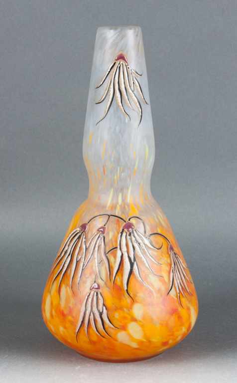 Appraisal: Legras floral enameled glass vase with opalescent tangerine mottled interior