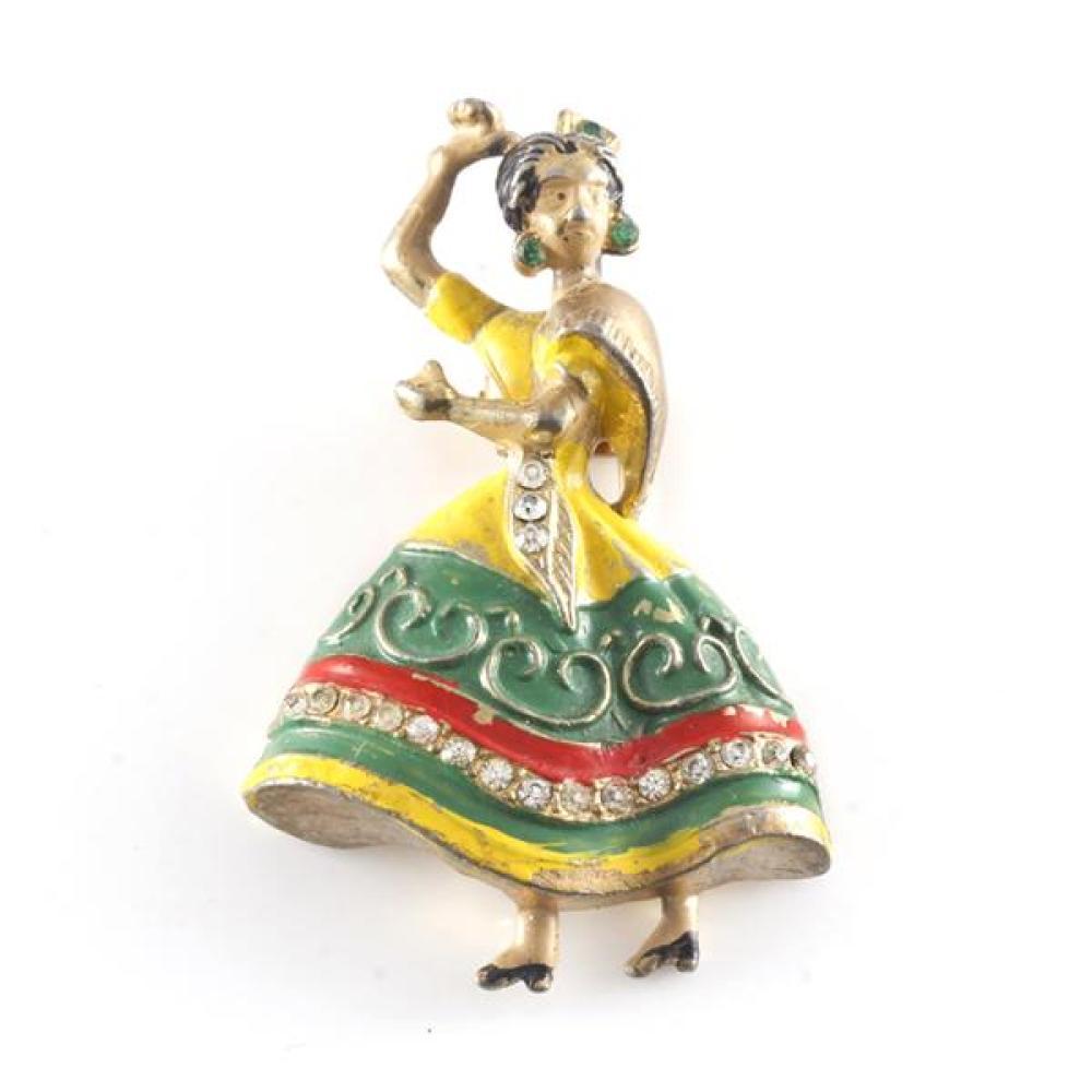 Appraisal: UNSIGNED DUJAY YELLOW AND GREEN ENAMEL SPANISH FLAMENCO DANCER CLIP