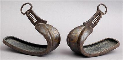 Appraisal: PAIR OF JAPANESE INLAID BRONZE STIRRUPS Each c-scroll footrest with