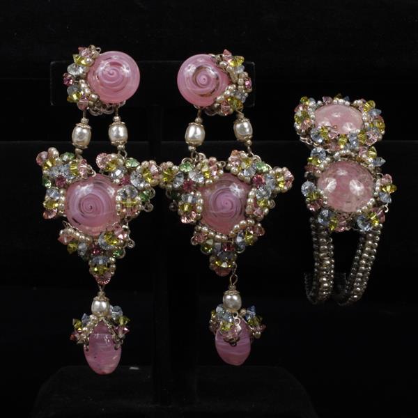 Appraisal: Miriam Haskell Pink Poured Glass pc Pastel Jeweled Clamper Bracelet