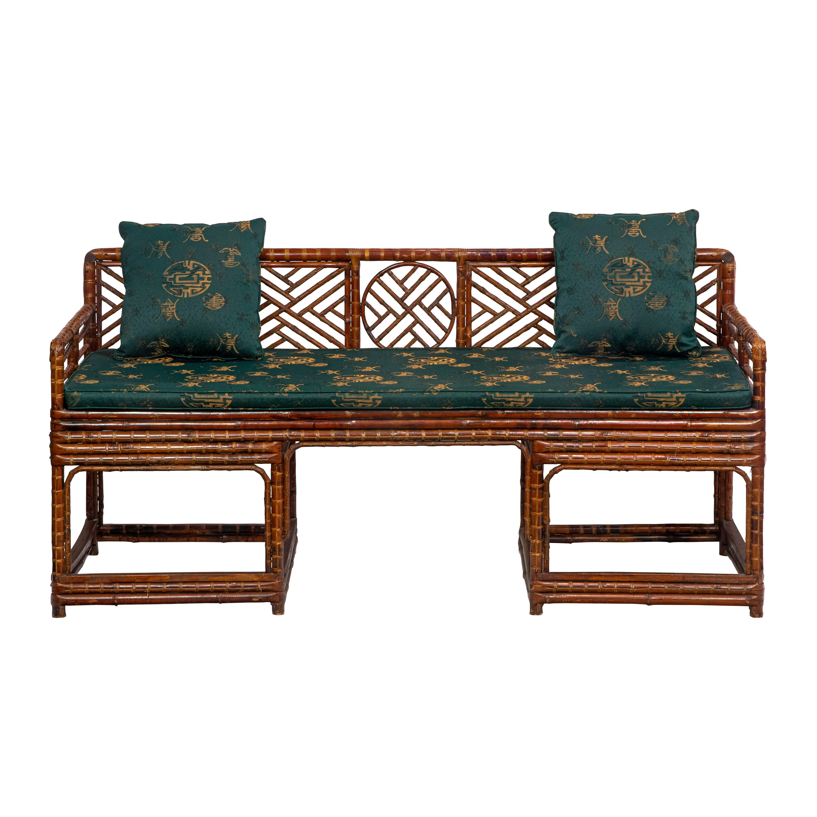 Appraisal: CHINESE BAMBOO SETTEE Chinese bamboo settee decorated overall with various