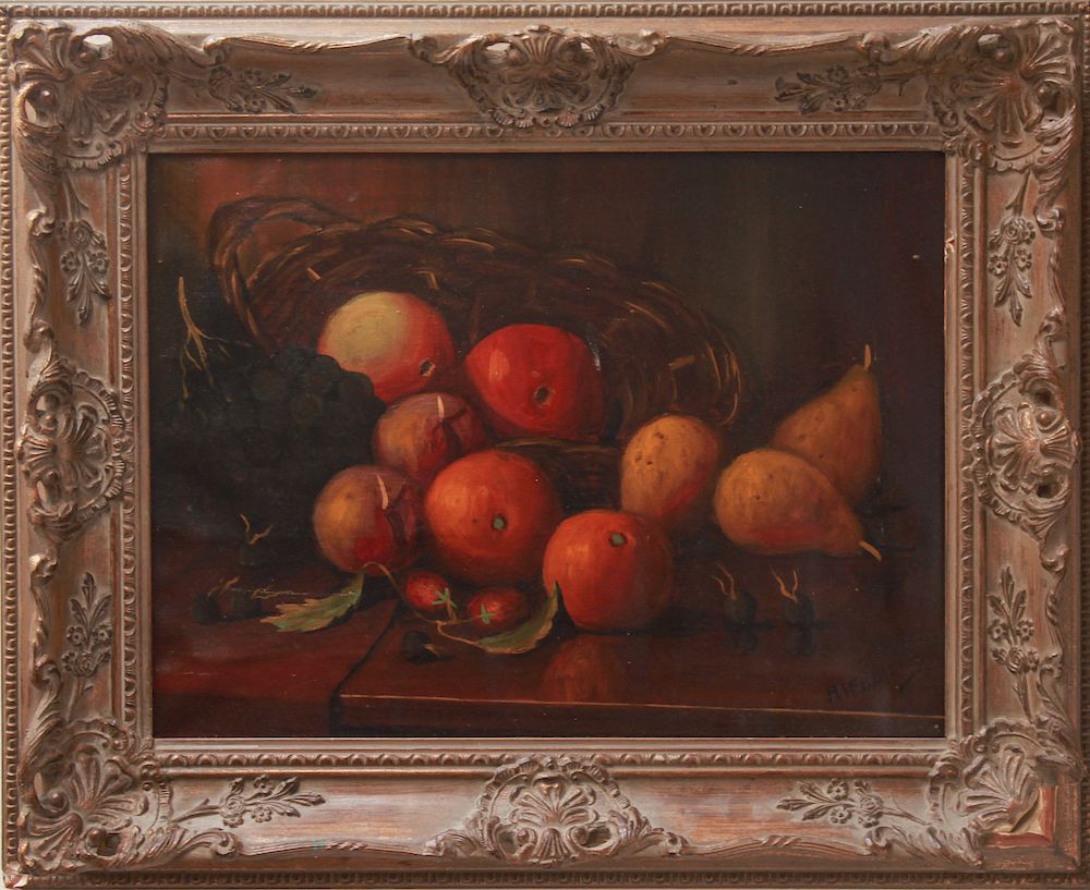 Appraisal: Rieuwers Still Life with Apples Oranges Oil Signed Rieuwers Still