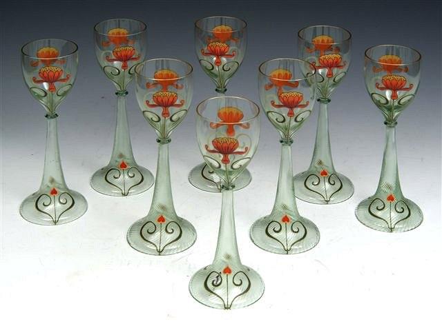 Appraisal: A SET OF EIGHT GREEN TALL STEM GLASSES with art