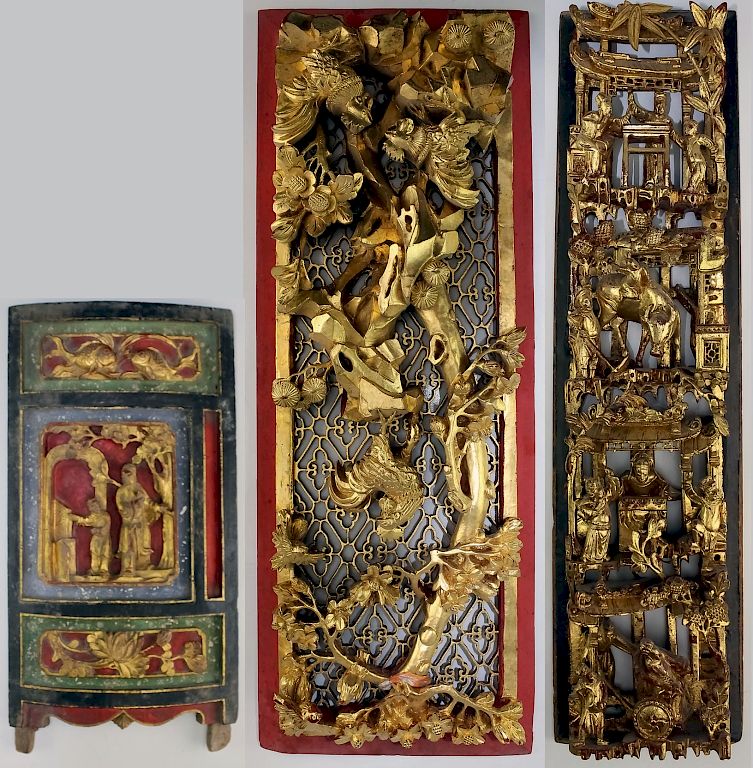 Appraisal: Chinese LOT Deep Carved Relief Gilt Wood Carving Collection of