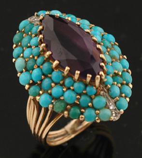 Appraisal: An amethyst and turquoise cocktail ring The marquise shaped cluster