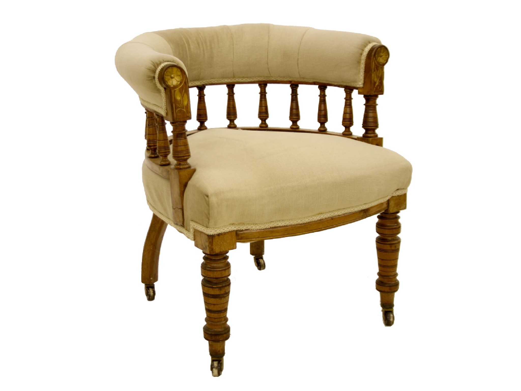 Appraisal: Edwardian stuffover library chair the curved rail with baluster supports