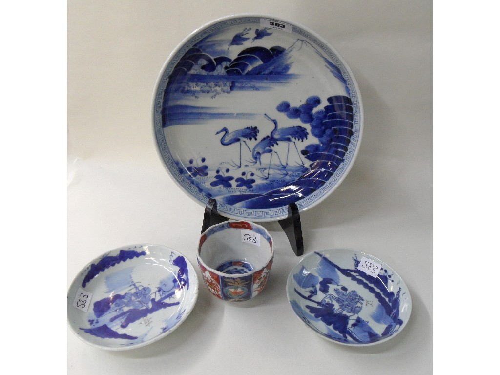 Appraisal: Chinese blue and white dish and two saucers and a