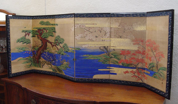 Appraisal: EARLY JAPANESE SILK FOLDING SCREEN panel screen Ink and vivid