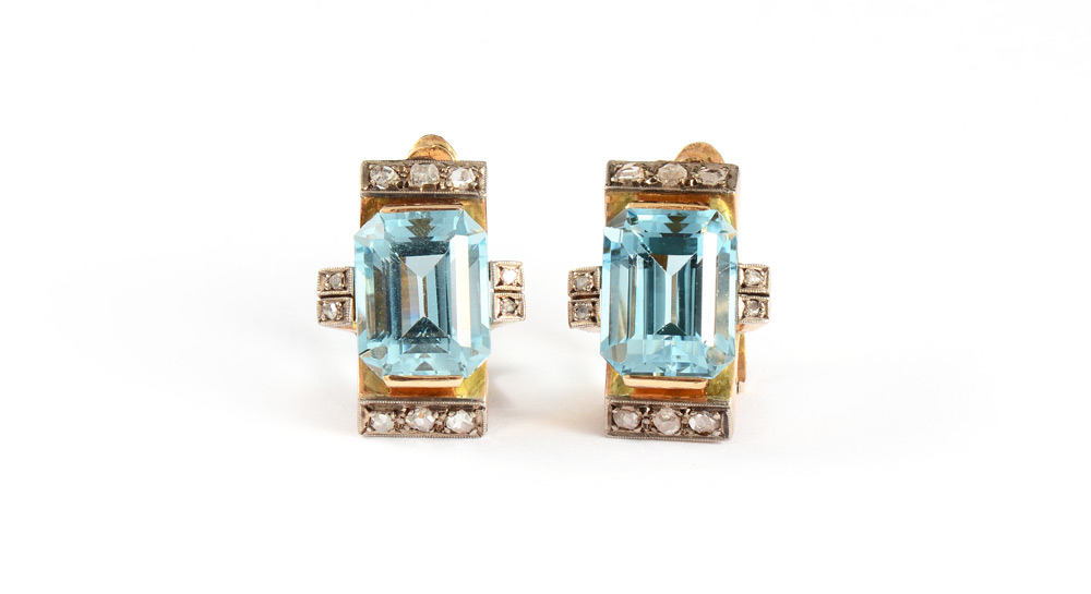 Appraisal: ART DECO AQUAMARINE AND DIAMOND EARRINGS K rose-yellow gold earrings