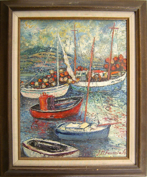 Appraisal: Oil on board harbor scene signed J M Fournials x