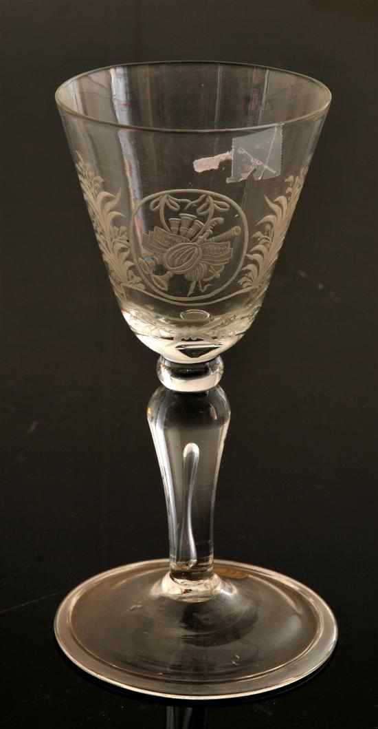 Appraisal: AN ENGRAVED ENGLISH WINE GLASS EARLY TH CENTURY With a