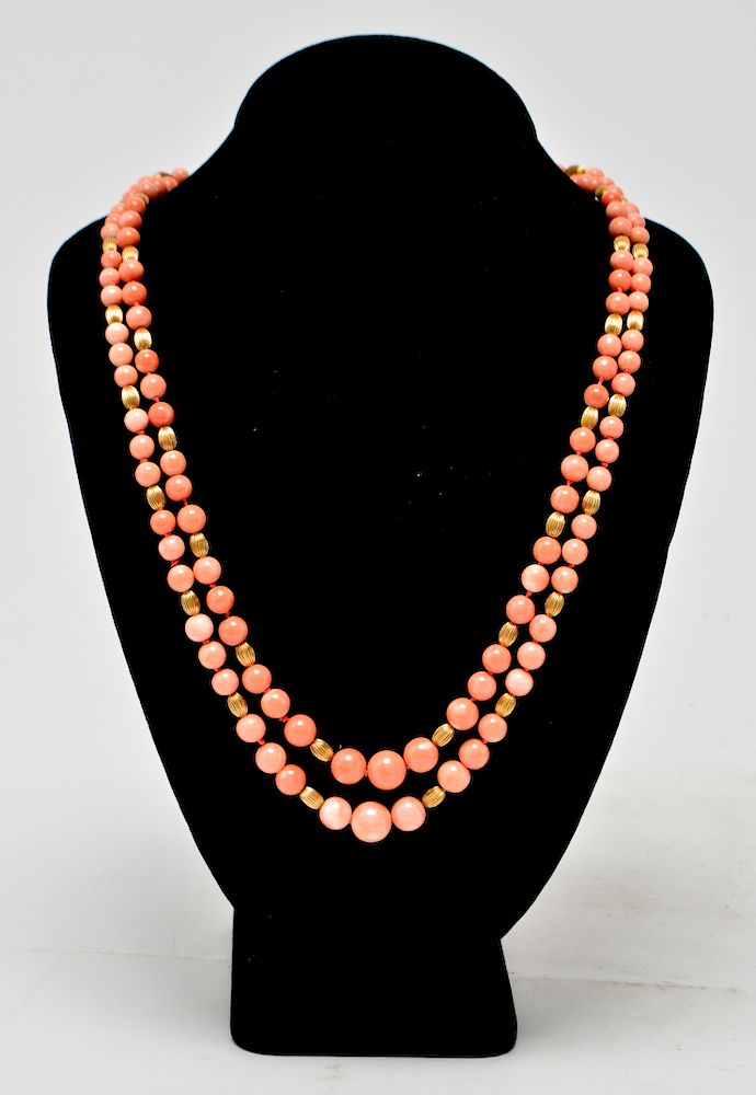 Appraisal: K Gold Coral Beads Double Strand Necklace K yellow gold