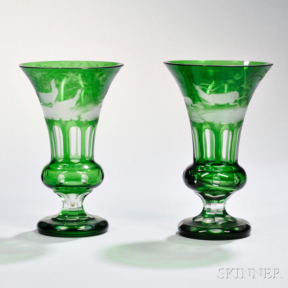 Appraisal: Two Bohemian Green-to-clear Cut Glass Vases late th early th