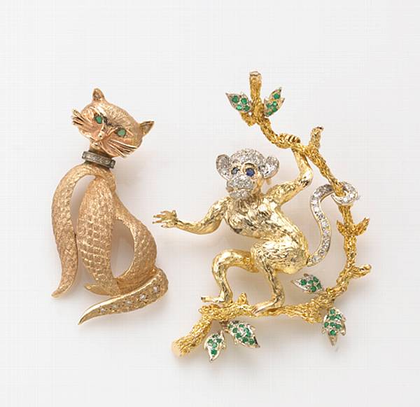 Appraisal: Two gem-set and k gold monkey and cat pendants