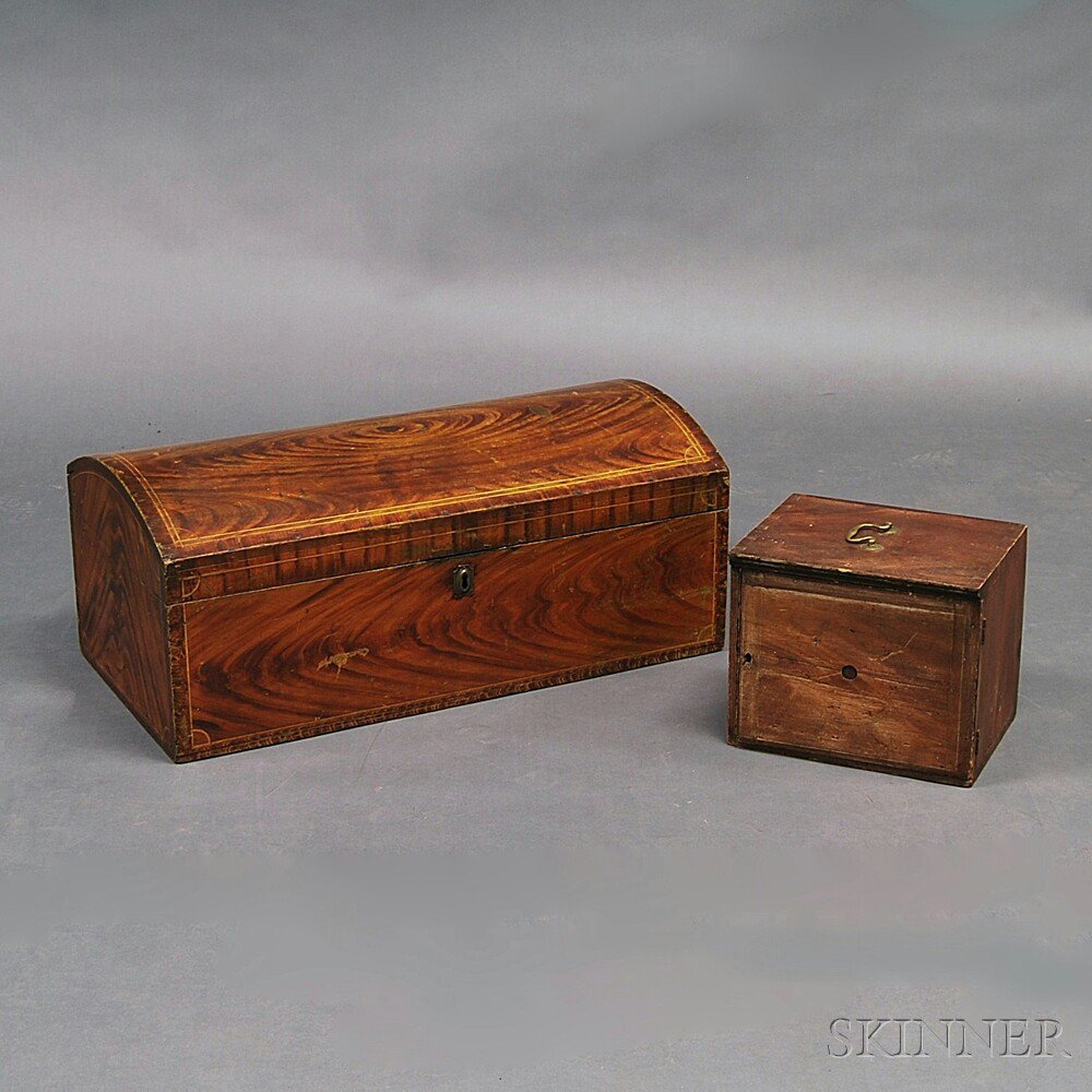 Appraisal: Grain-painted Dome-top Trunk and Pine Document Box New England early