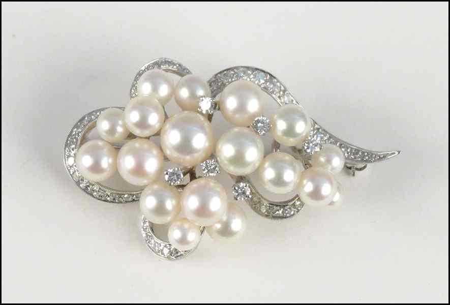 Appraisal: PEARL DIAMOND AND KARAT WHITE GOLD CLUSTER BROOCH Single cut