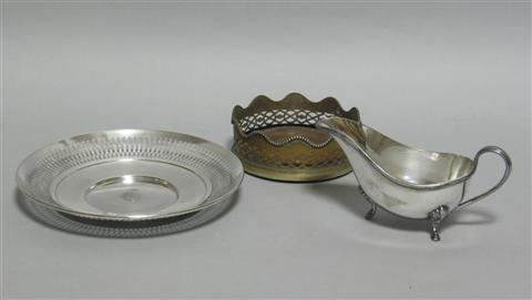 Appraisal: SILVER RETICULATED DISH Together with a Sheffield plated sauceboat and