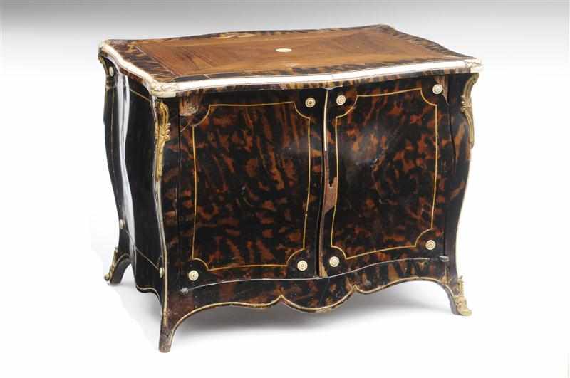 Appraisal: LOUIS XV IVORY AND GILT-METAL MOUNTED TORTOISESHELL MINIATURE COMMODE PORTES