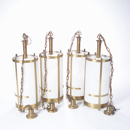 Appraisal: Four Art Deco pendant lanterns with bronze frames and frosted