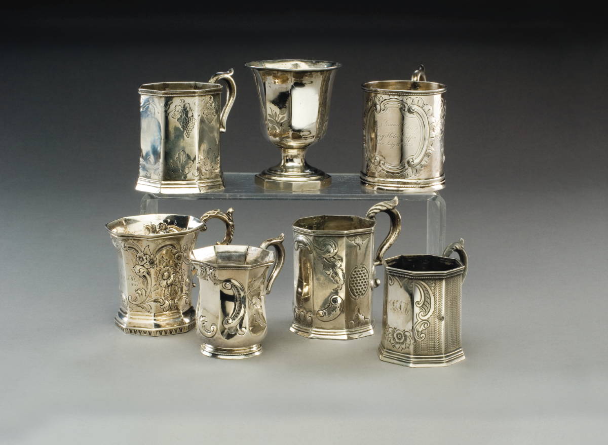 Appraisal: FIVE AMERICAN SILVER OCTAGONAL CHILDREN'S MUGS A CYLINDRICAL EXAMPLE AND