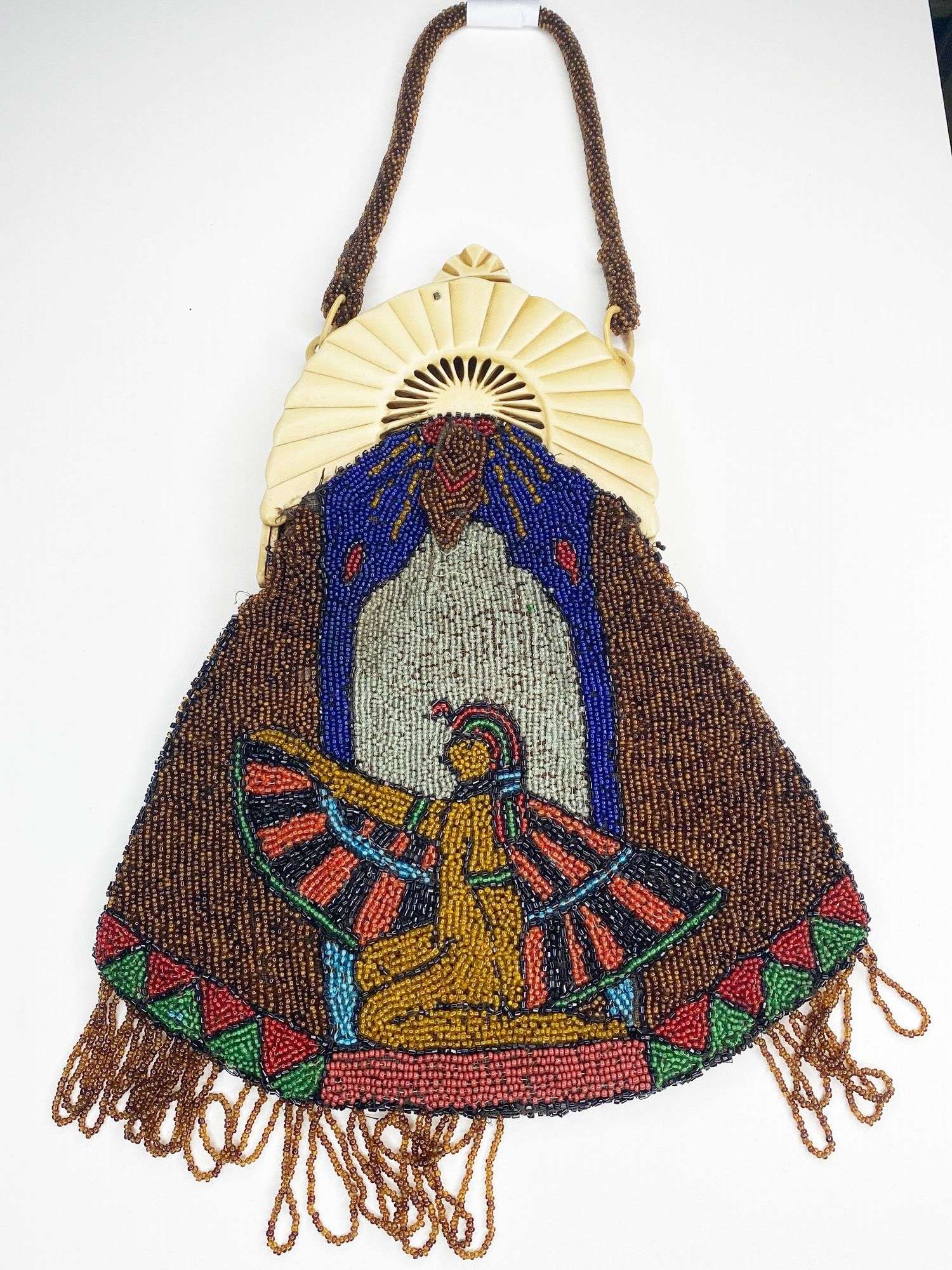 Appraisal: Micro Beaded Egyptian Revival Hand Bag with Celluloid Frame long