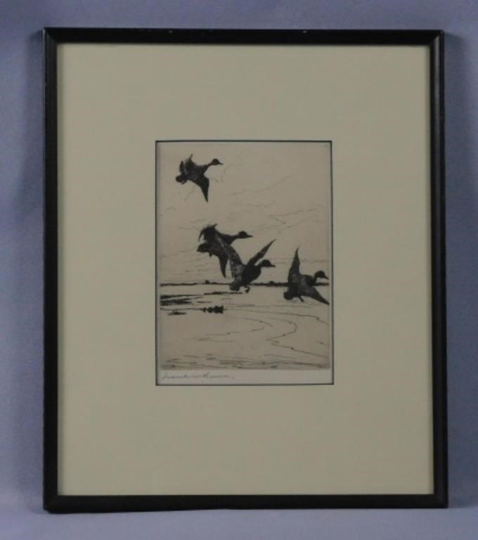 Appraisal: glazed etching depicting ducks in flight Signed in pencil lower