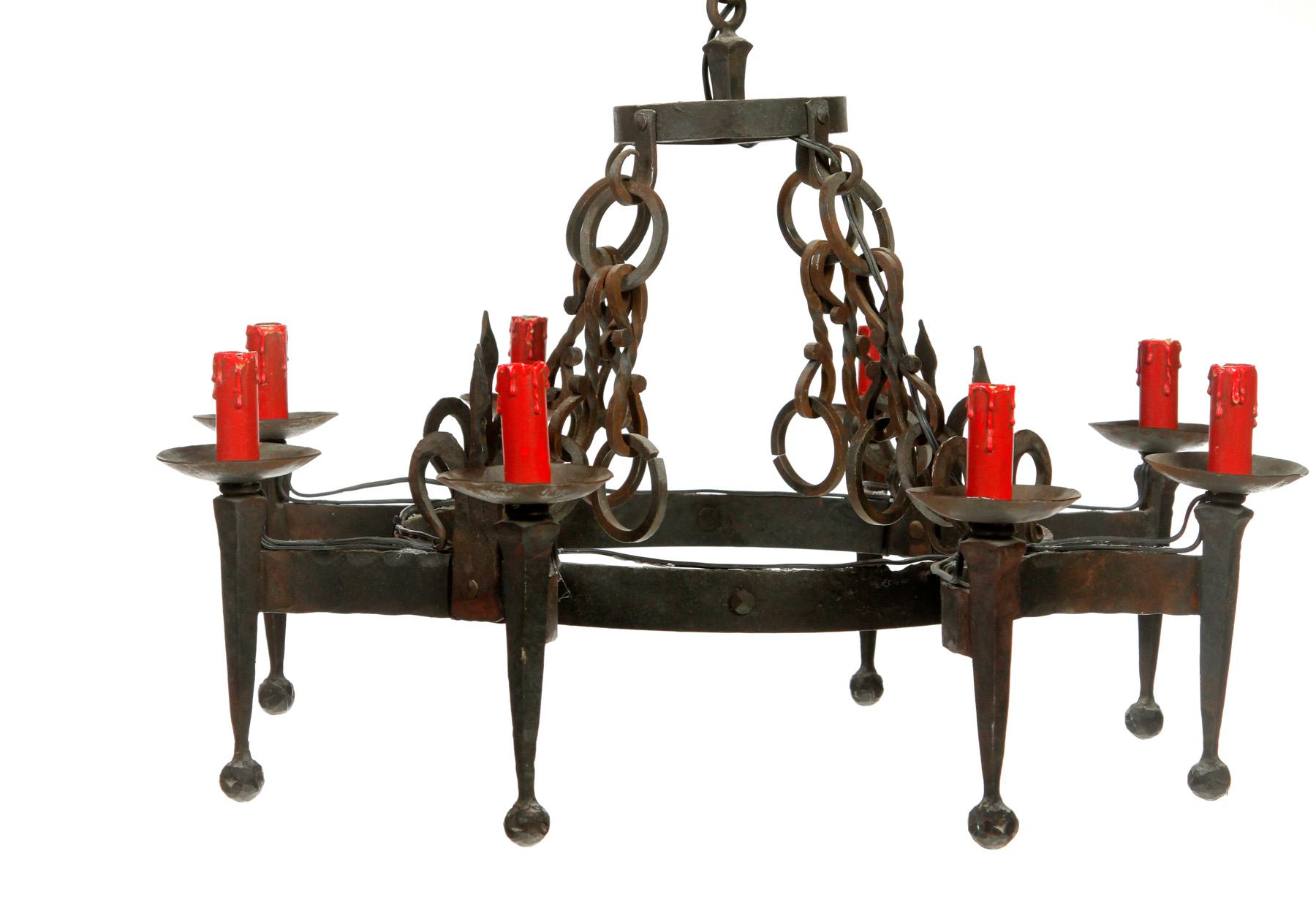 Appraisal: WROUGHT IRON CHANDELIER American or European th century Fleu-de-lys accents