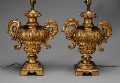 Appraisal: Pair Italian Baroque urn-form lamps carved wood with gesso and