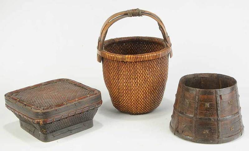 Appraisal: Three Asian Baskets th century water basket wood crossed handle