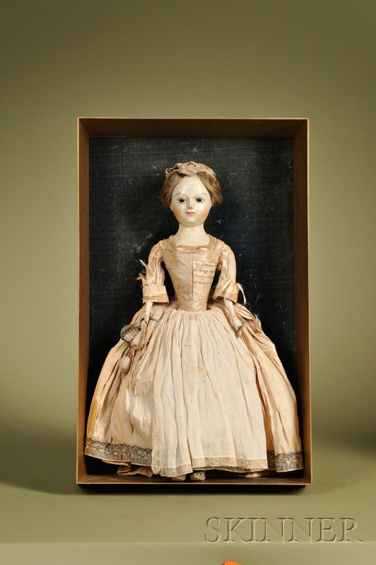 Appraisal: Queen Anne Memorial Doll in Giltwood Shadow Box Case Continental