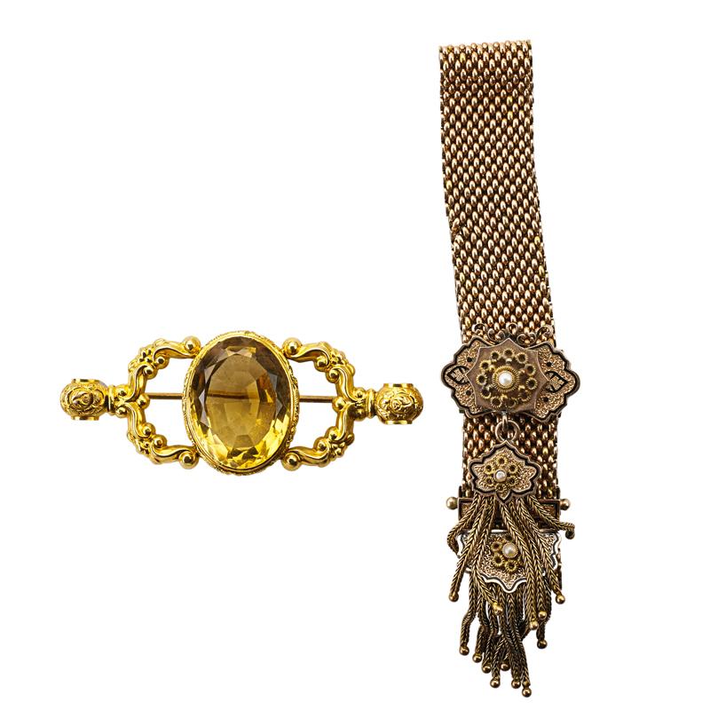 Appraisal: VICTORIAN GOLD GARTER BRACELET AND CITRINE BROOCH Oval faceted citrine