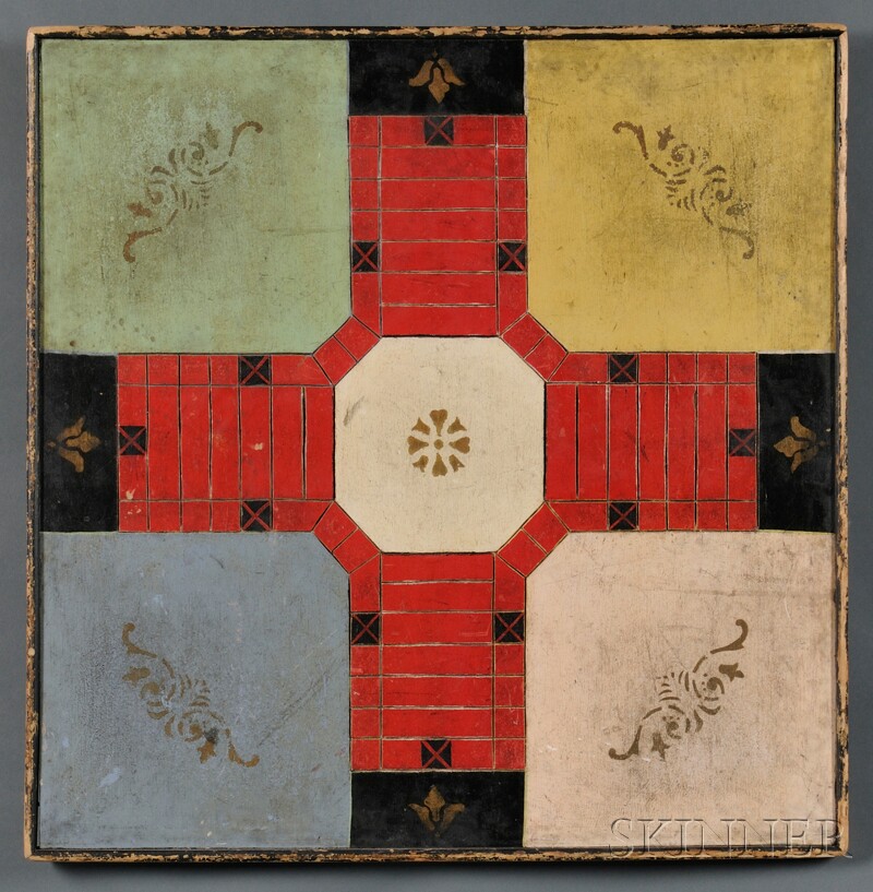 Appraisal: Polychrome-painted and Gilt-stenciled Parcheesi Game Board America late th century