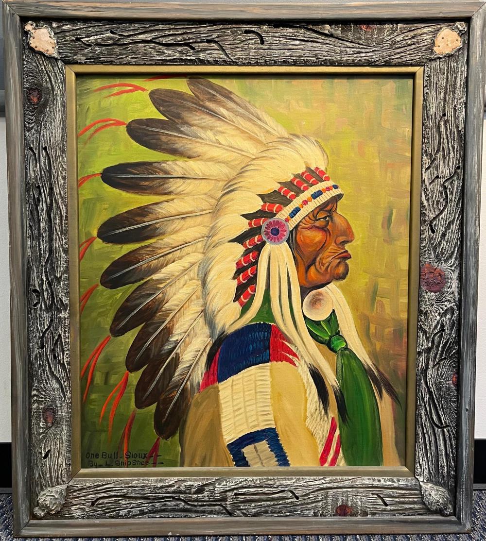 Appraisal: Louis Shipshee American - One-Bull-Sioux Oil on Canvas Frame x