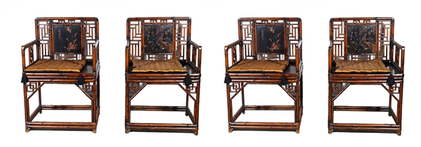 Appraisal: Group of four Chinese bamboo chairs painted lacquer splat panel