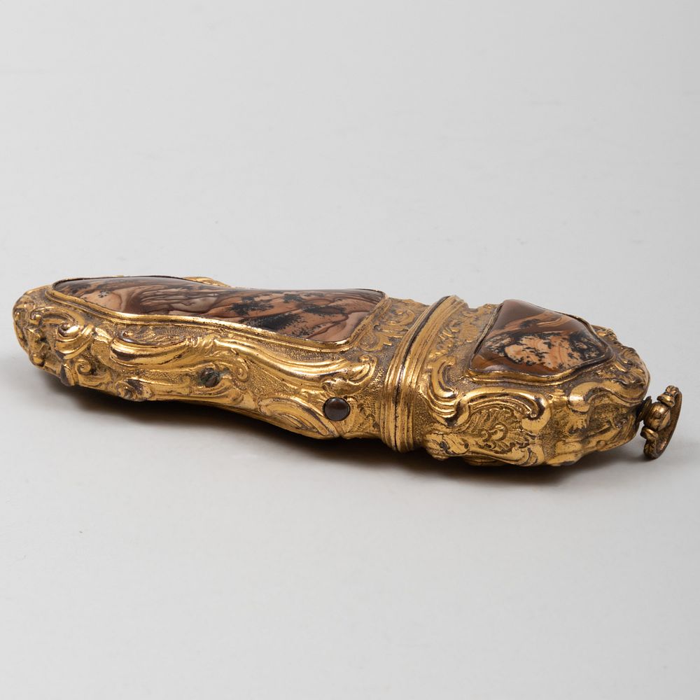 Appraisal: Cartouche-Shaped Agate Mounted Gilt-Metal Etui With fitted interior and tools